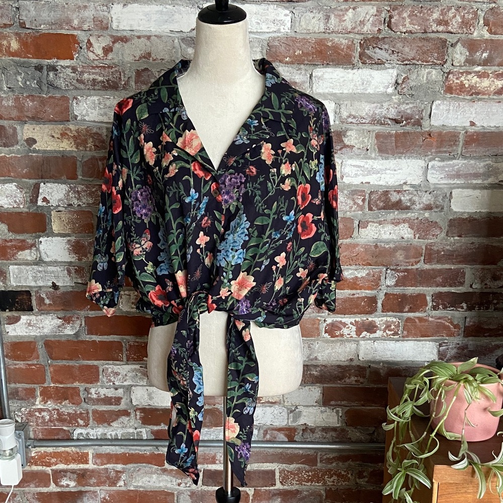 Floral Tie-Front Blouse - Black and Multicolor